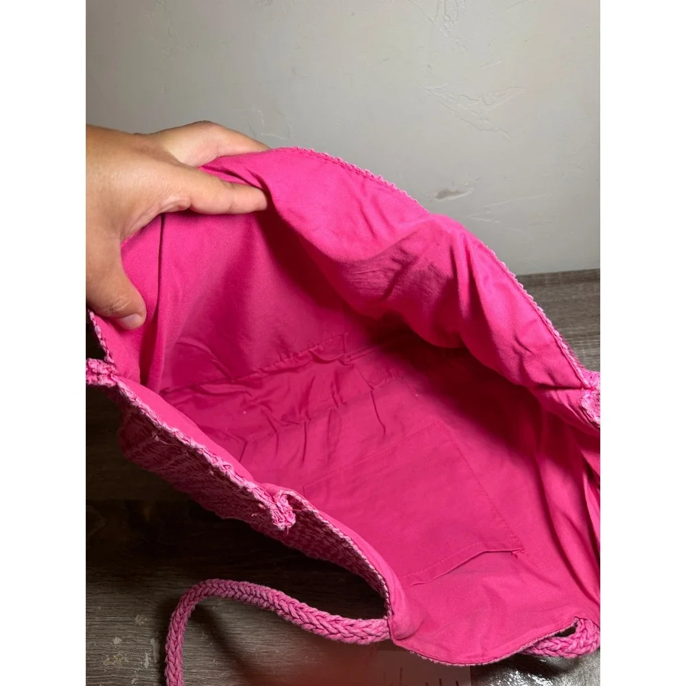 Juicy Couture Tote Bag Straw Woven Embroidered Logo Hot Pink Large